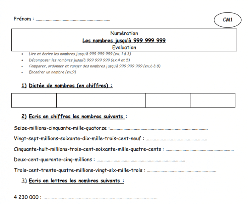 évaluation Numération Cm2 Les Nombres Jusqu à 999 999