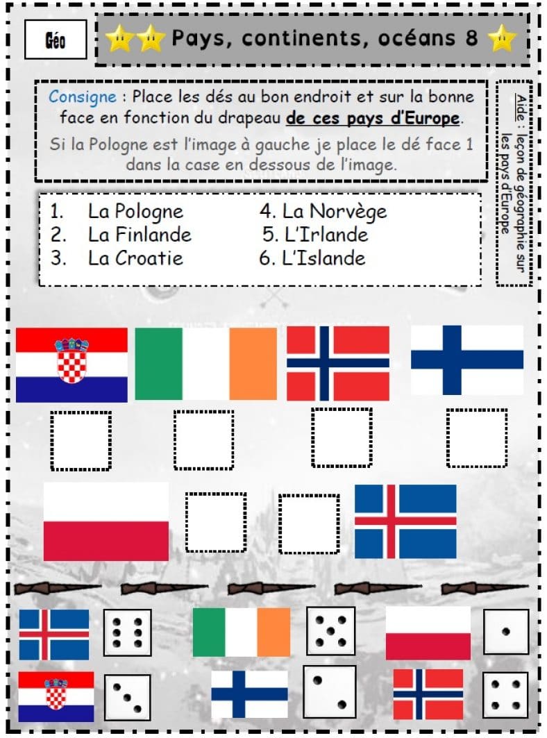 Jeu de dés : pays, continents, océans - Geographie CE2, CM1, CM2 - La ...