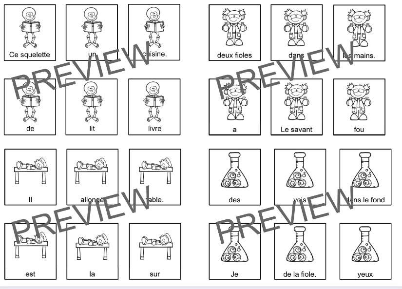 remettre des phrases dans l’ordre, lecture jeu memory Halloween