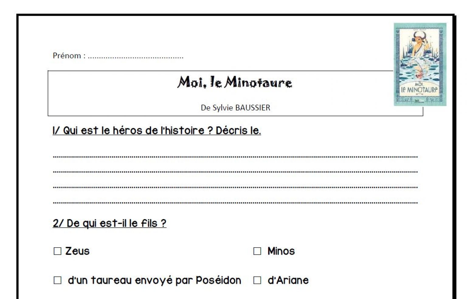 questionnaire moi le minotaure - CM2 - La Salle des Maitres