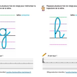 Fiche d’écriture avec trajectoire des lettres de l’alphabet