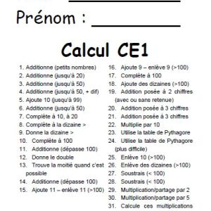 Cahier de 31 fiches de calcul CE1 + corrigé