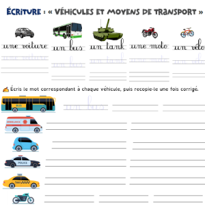 Écriture cursive : véhicules et moyens de transport (CP, CE1)