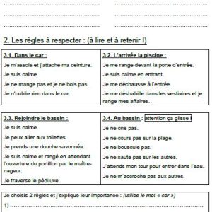 Fiche de natation pour élèves de CE2