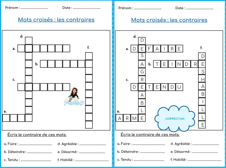 Mots croisés les antonymes Etude de la Langue, Jeux CE1, CE2, CM1