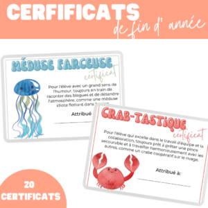 Certificats Fin d' année - Thème Océan